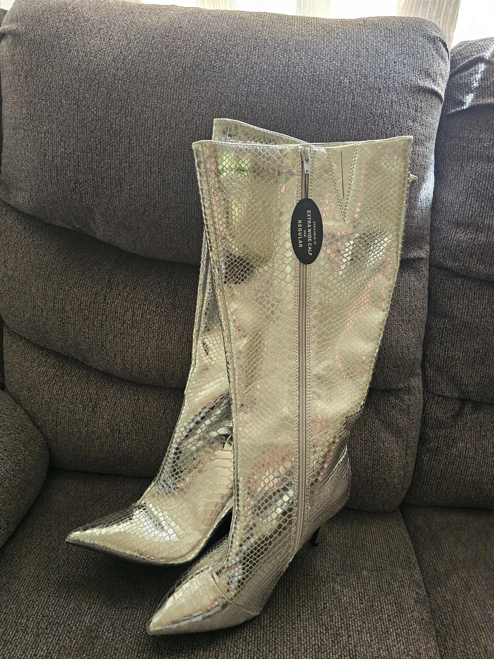 Metallic Snake-Embossed Pointed-Toe Stiletto Knee Boots - Silver